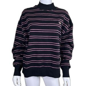 Dickies Women's Pink Black Westover Striped Crewneck Sweatshirt Cotton Boxy